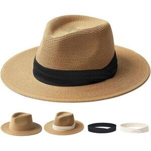 Panama straw sun hat wide brim fedora beach hat UV protection summer travel